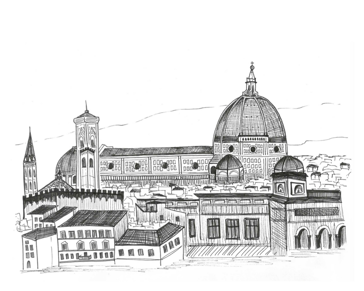 Black and white line drawing of a detailed architectural structure, the iconic duomo and cityscape of Florence, Italy.